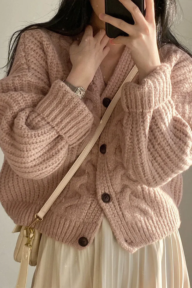 christmas outfit Sonicelife Solid V Neck Puff Sleeve Cable Knit Cardigan