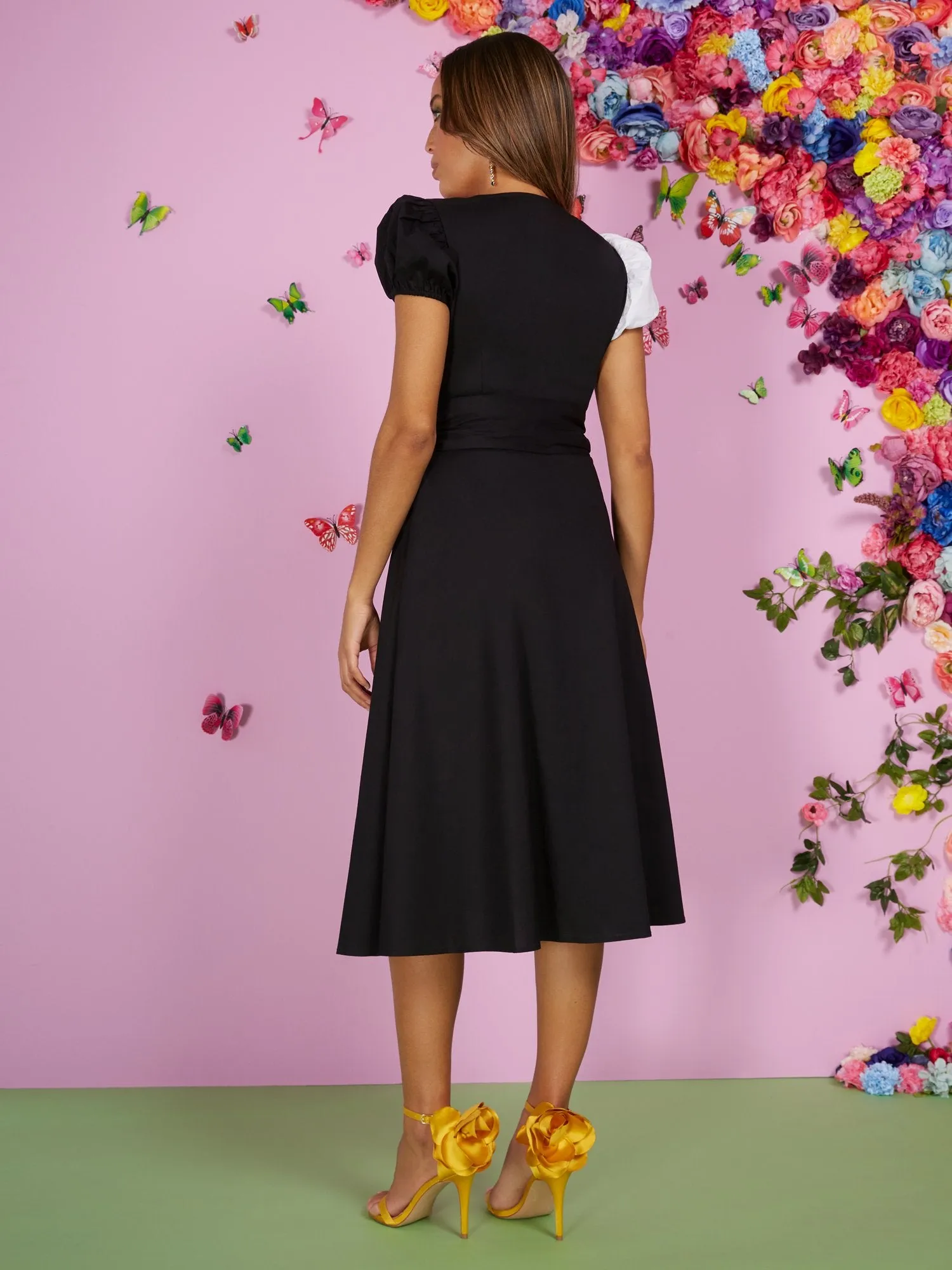 Colorblock Puff-Sleeve Wrap Dress