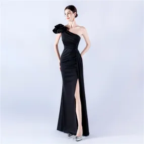 Elegant Leaf One Shoulder Craft Beaded Rhinestone Evening Dress