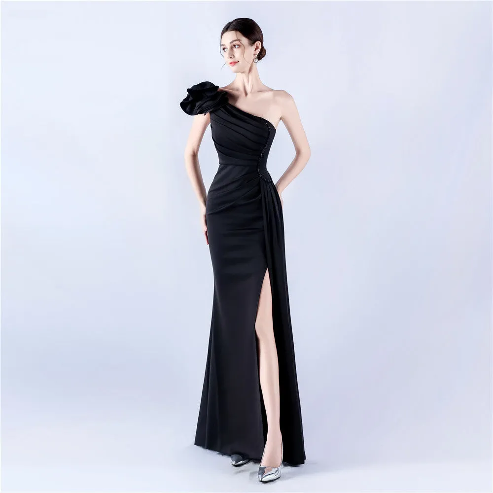 Elegant Leaf One Shoulder Craft Beaded Rhinestone Evening Dress