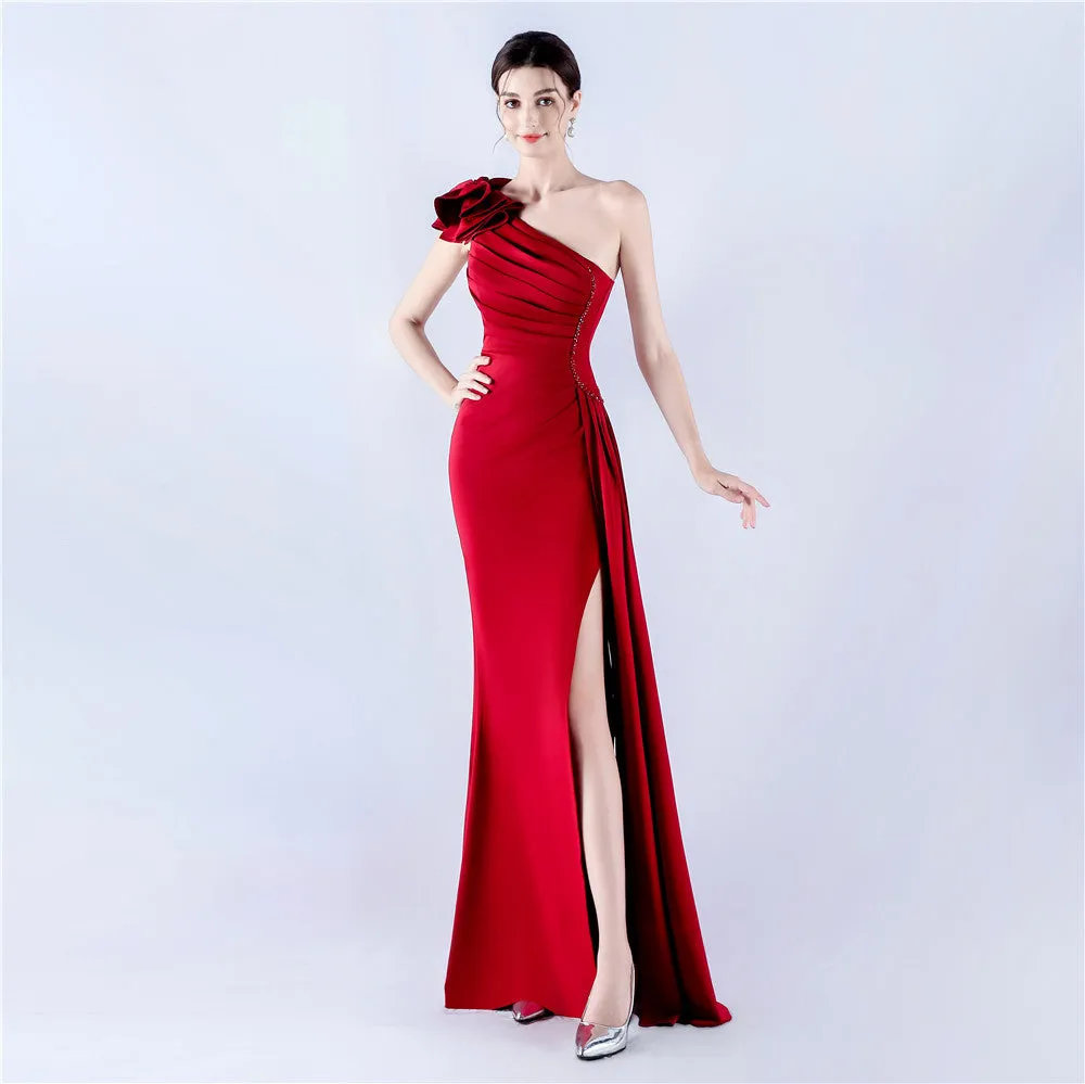 Elegant Leaf One Shoulder Craft Beaded Rhinestone Evening Dress