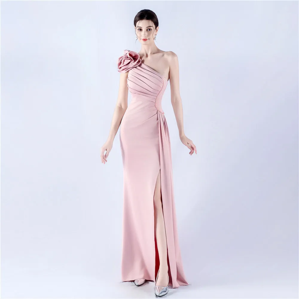 Elegant Leaf One Shoulder Craft Beaded Rhinestone Evening Dress