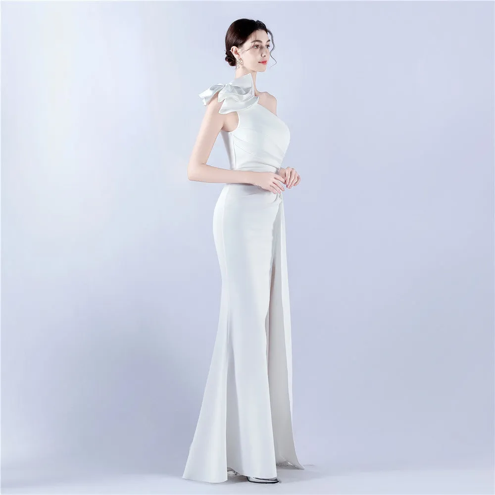 Elegant Leaf One Shoulder Craft Beaded Rhinestone Evening Dress