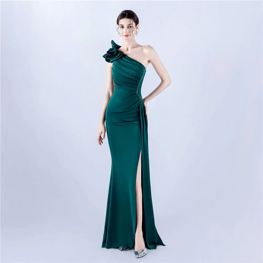 Elegant Leaf One Shoulder Craft Beaded Rhinestone Evening Dress