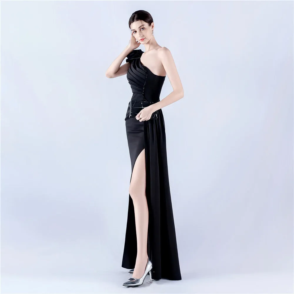 Elegant Leaf One Shoulder Craft Beaded Rhinestone Evening Dress