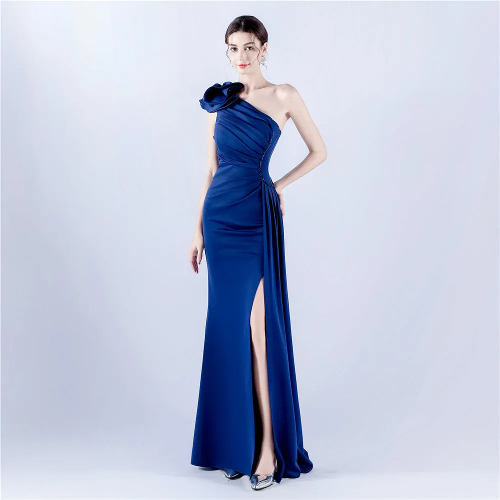 Elegant Leaf One Shoulder Craft Beaded Rhinestone Evening Dress