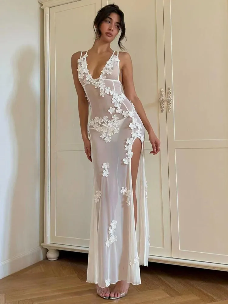 Elizabeth Lace See Through Floral Flower Sexy Maxi Dress
