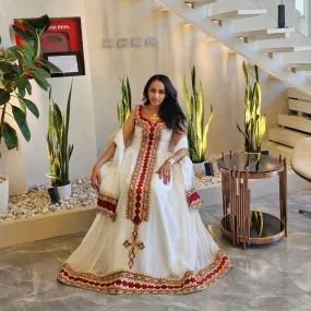Enchanting Red Traditional Ethiopian Dress: with Golden Detailing Habesha Dress Tailored for Big Events Habesha Kemis