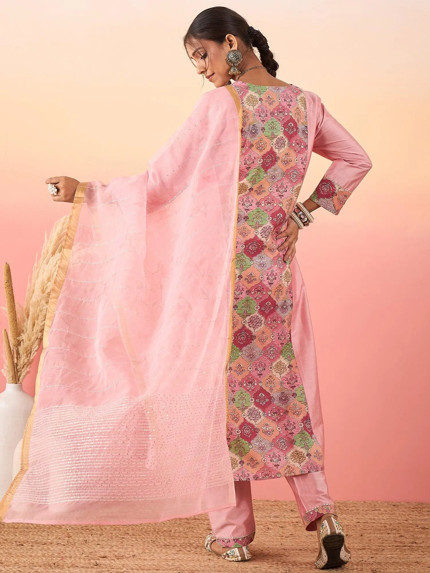 Ethnic Motifs Printed Sequined Chanderi Silk Kurta With Trousers & Dupatta