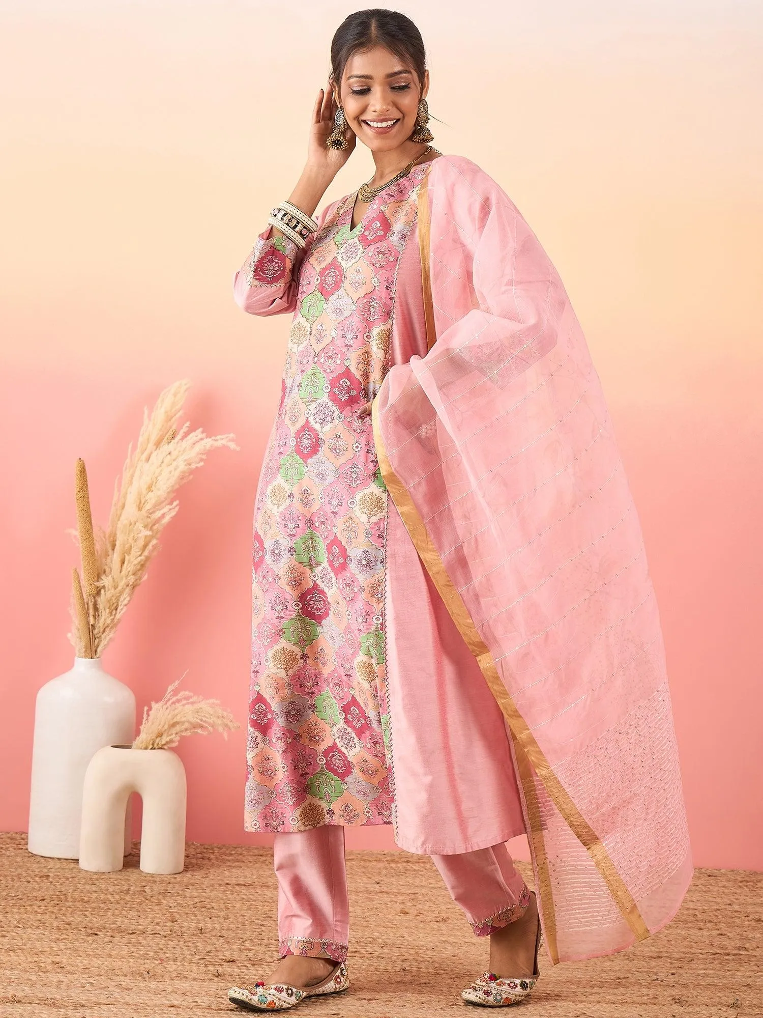 Ethnic Motifs Printed Sequined Chanderi Silk Kurta With Trousers & Dupatta