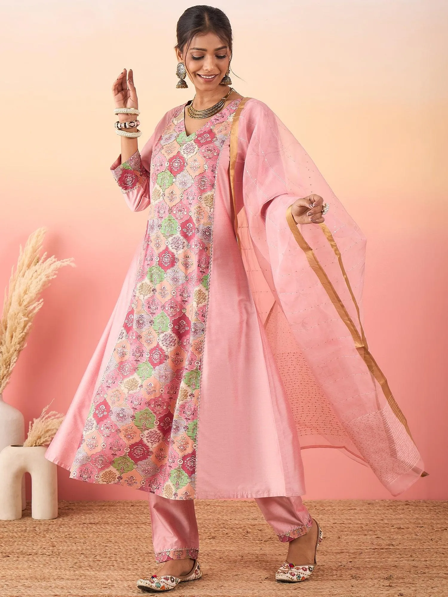 Ethnic Motifs Printed Sequined Chanderi Silk Kurta With Trousers & Dupatta