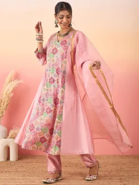 Ethnic Motifs Printed Sequined Chanderi Silk Kurta With Trousers & Dupatta