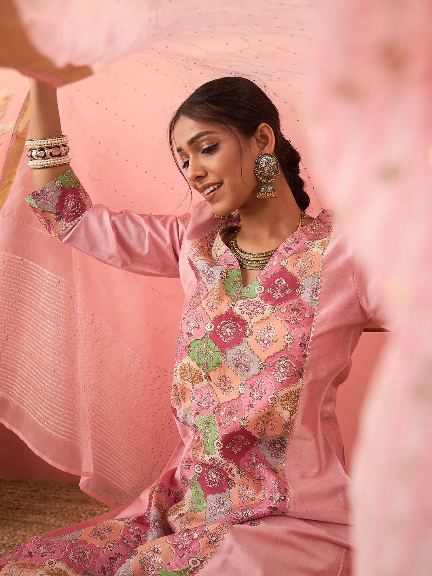 Ethnic Motifs Printed Sequined Chanderi Silk Kurta With Trousers & Dupatta