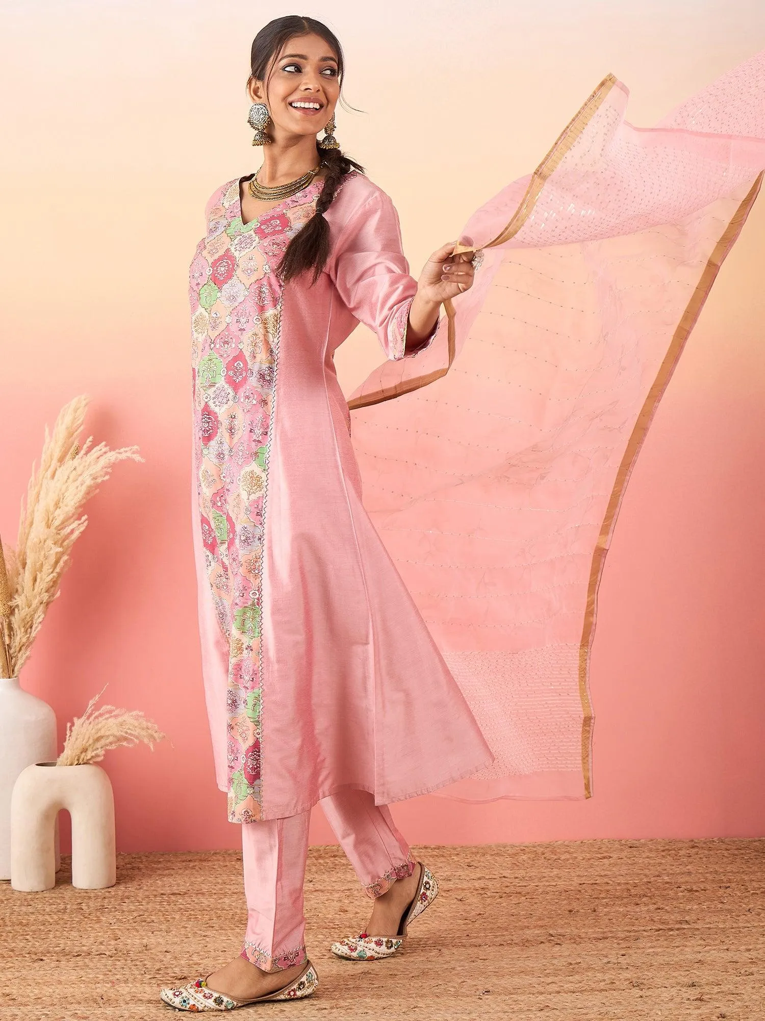 Ethnic Motifs Printed Sequined Chanderi Silk Kurta With Trousers & Dupatta