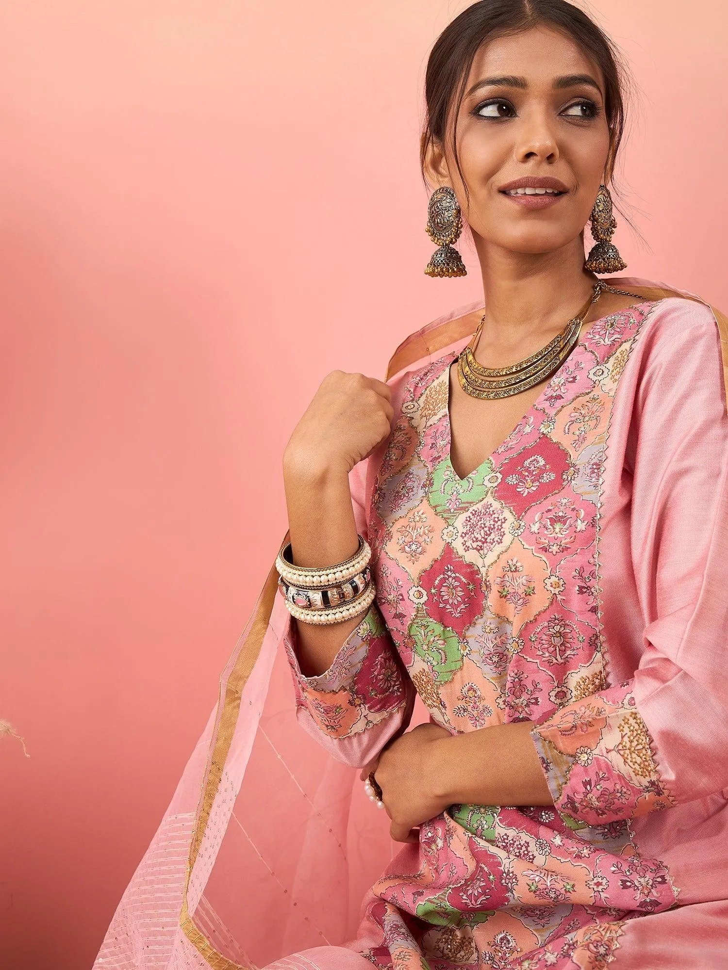 Ethnic Motifs Printed Sequined Chanderi Silk Kurta With Trousers & Dupatta