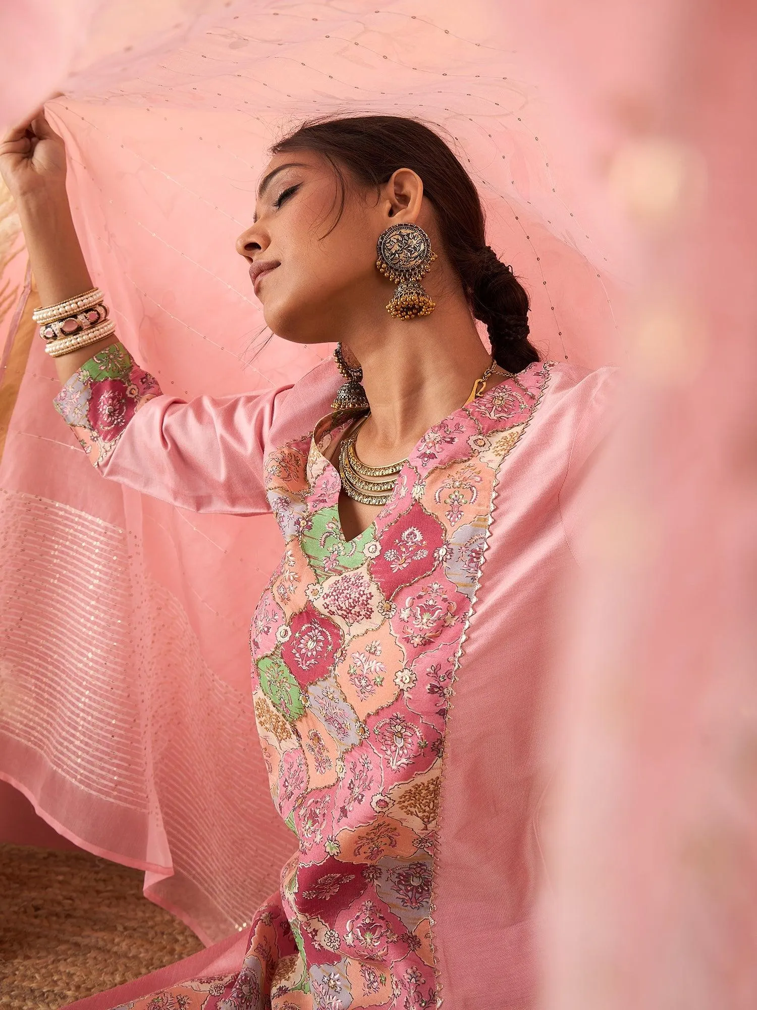 Ethnic Motifs Printed Sequined Chanderi Silk Kurta With Trousers & Dupatta