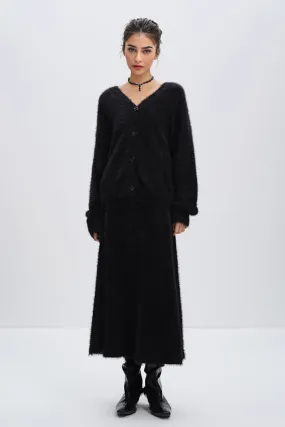 Fuzzy Mimic Mink V-Neck Cardigan Sweater Set in Black