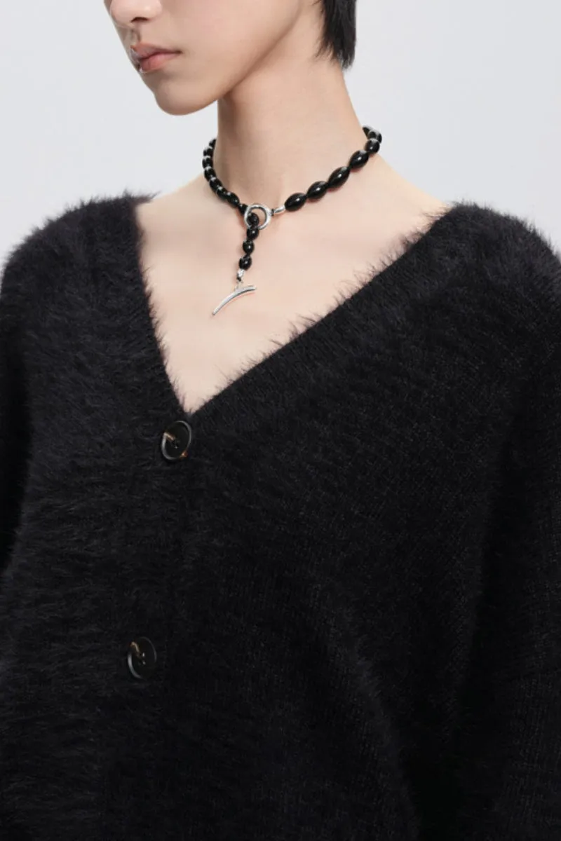 Fuzzy Mimic Mink V-Neck Cardigan Sweater Set in Black