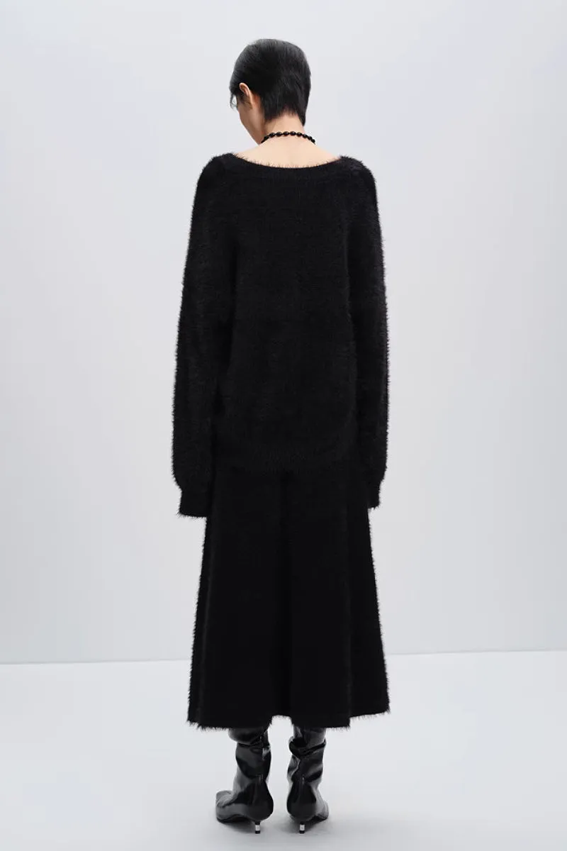 Fuzzy Mimic Mink V-Neck Cardigan Sweater Set in Black