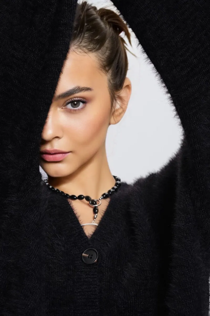 Fuzzy Mimic Mink V-Neck Cardigan Sweater Set in Black