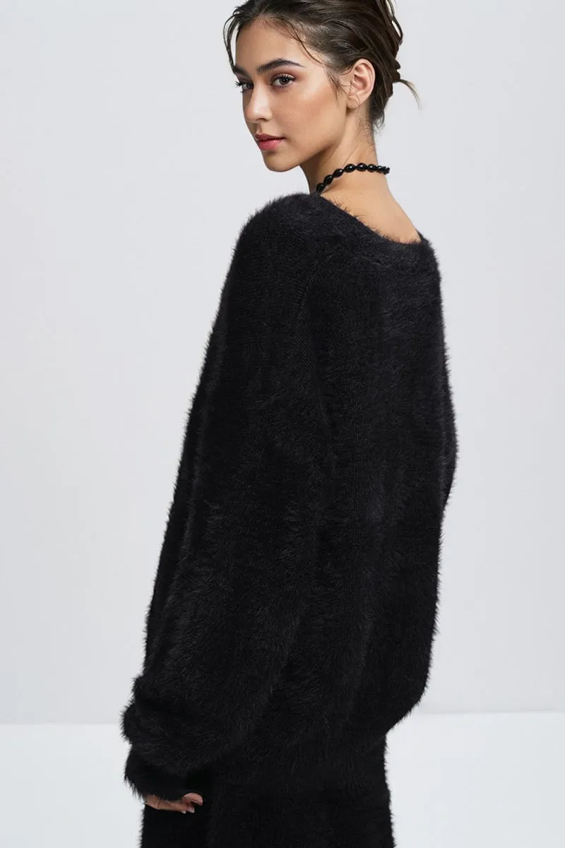 Fuzzy Mimic Mink V-Neck Cardigan Sweater Set in Black