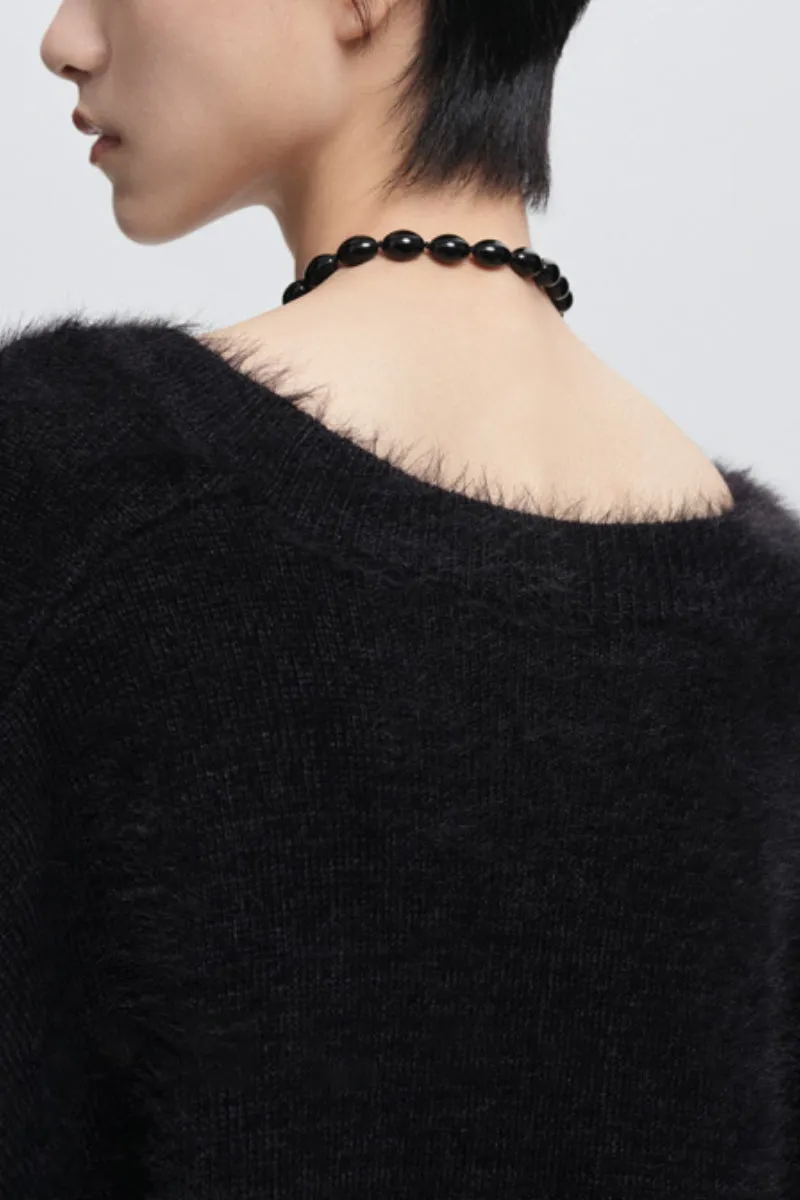 Fuzzy Mimic Mink V-Neck Cardigan Sweater Set in Black