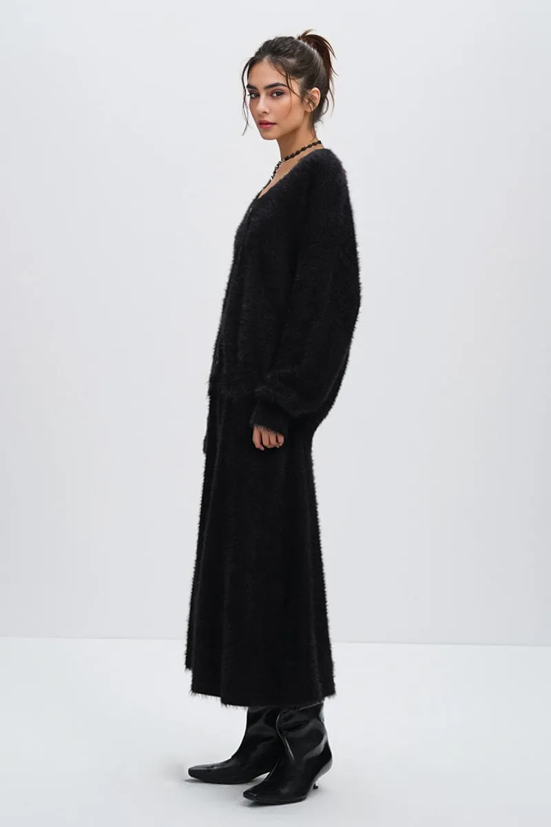 Fuzzy Mimic Mink V-Neck Cardigan Sweater Set in Black