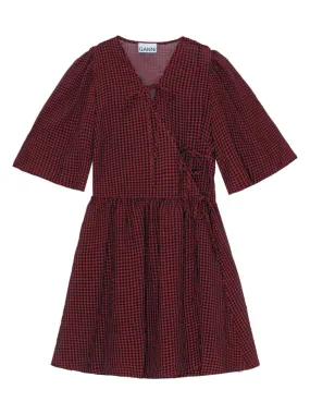 Ganni Sheer Fluid Check Tie String Wrap Dress in Winery