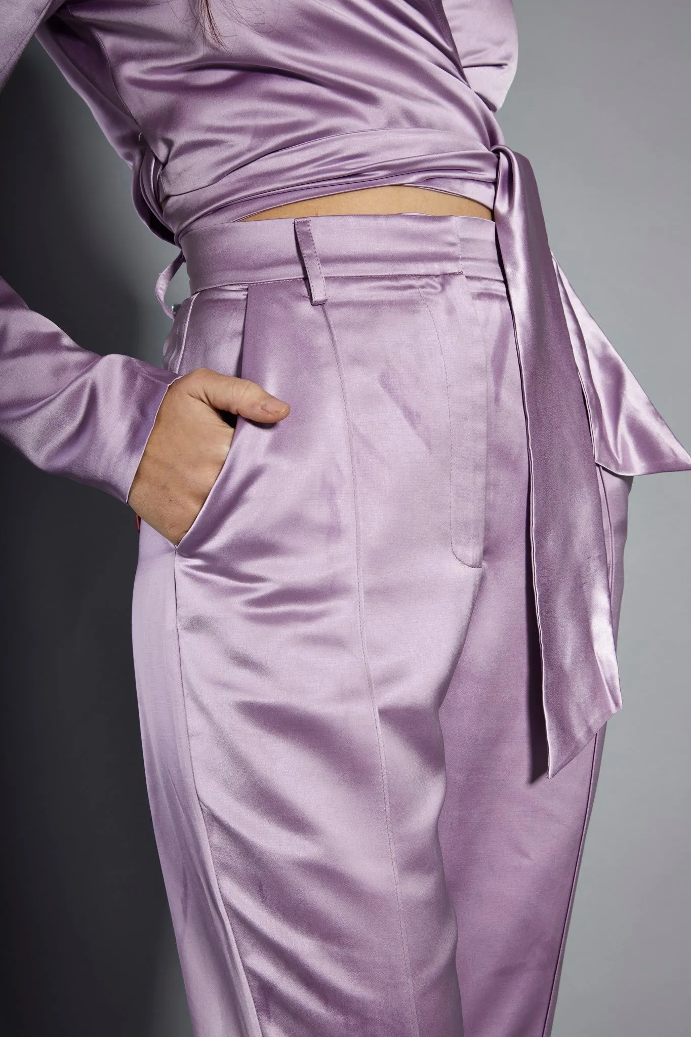 Glamorous Studio Lavender Satin Tailored Split Flared Trousers