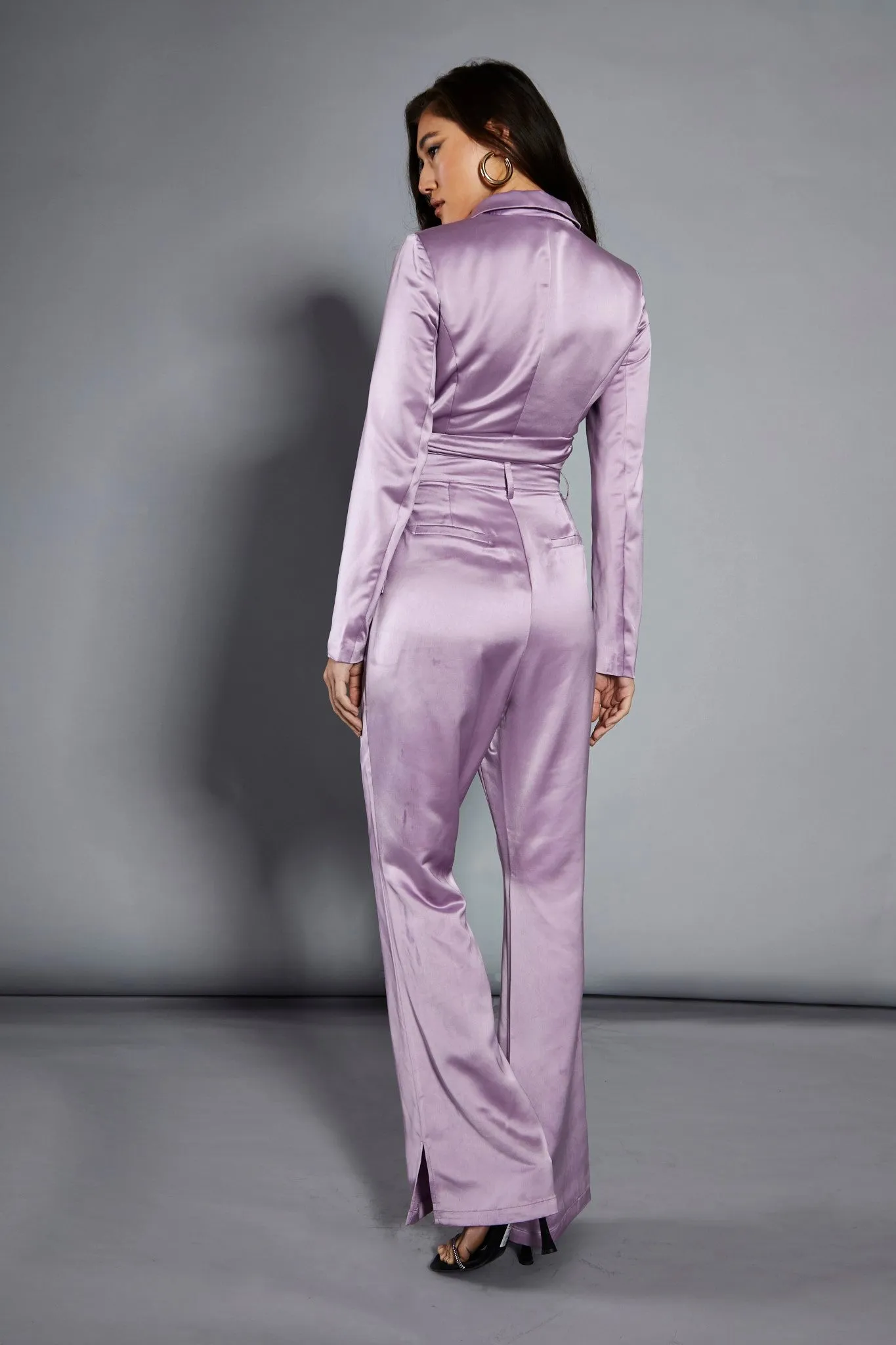 Glamorous Studio Lavender Satin Tailored Split Flared Trousers