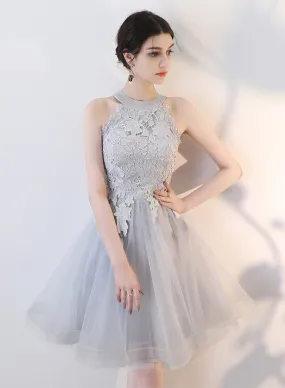 Gray Tulle Lace Short Prom Dress, Cute A-Line Party Dress