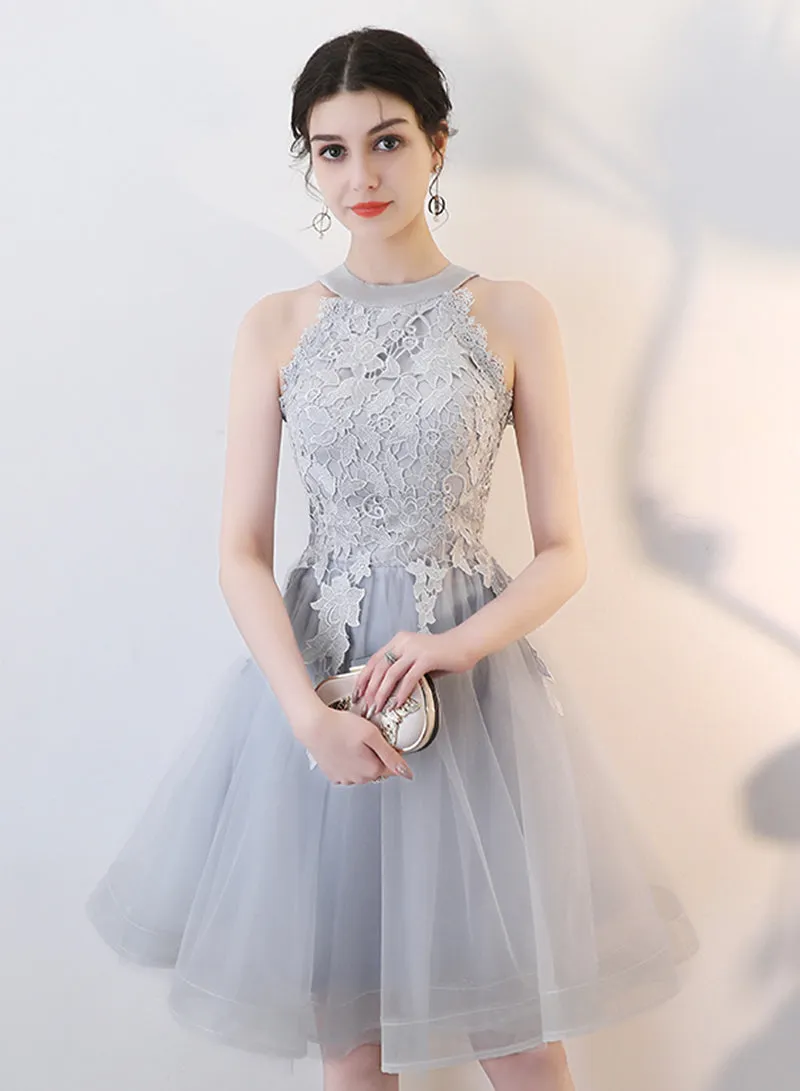 Gray Tulle Lace Short Prom Dress, Cute A-Line Party Dress
