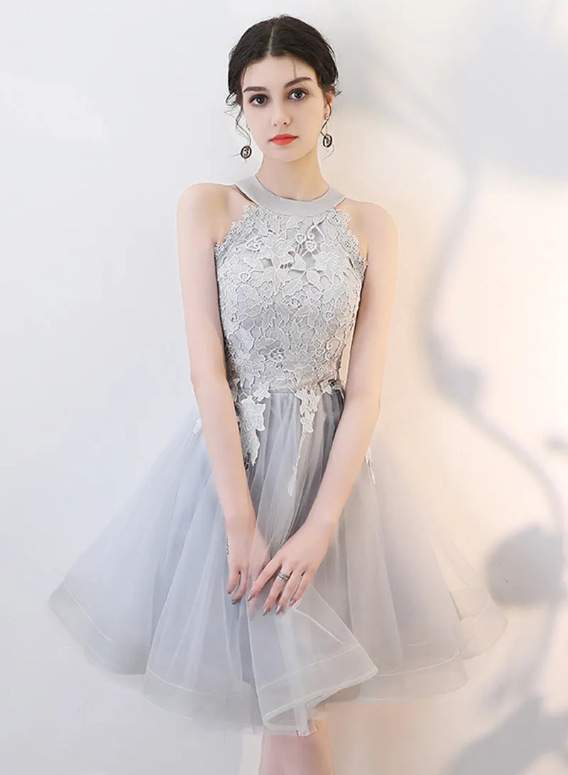 Gray Tulle Lace Short Prom Dress, Cute A-Line Party Dress