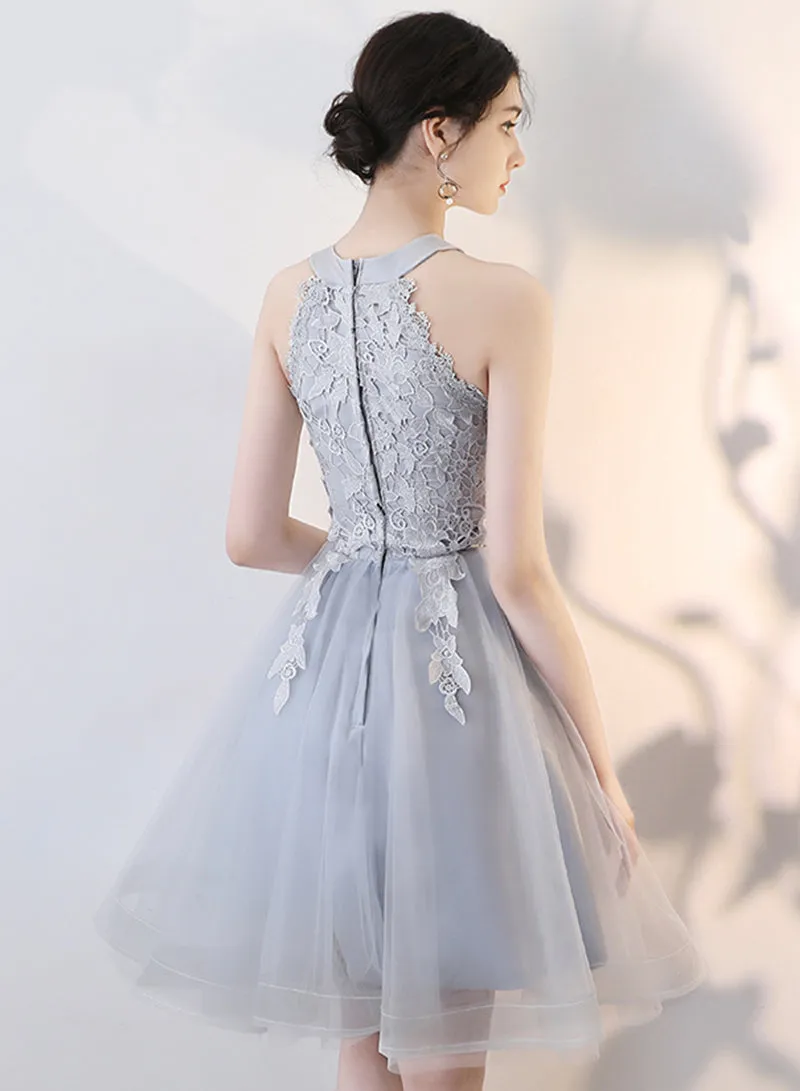 Gray Tulle Lace Short Prom Dress, Cute A-Line Party Dress