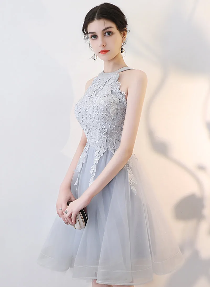 Gray Tulle Lace Short Prom Dress, Cute A-Line Party Dress