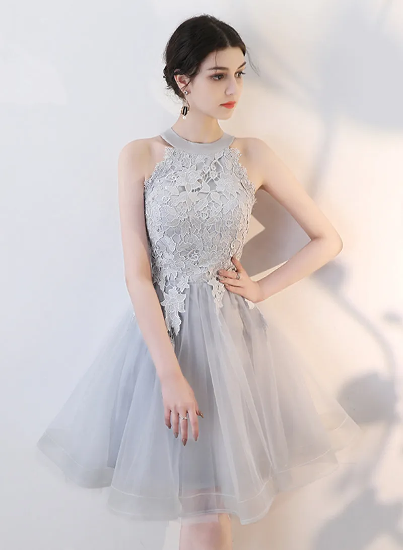 Gray Tulle Lace Short Prom Dress, Cute A-Line Party Dress