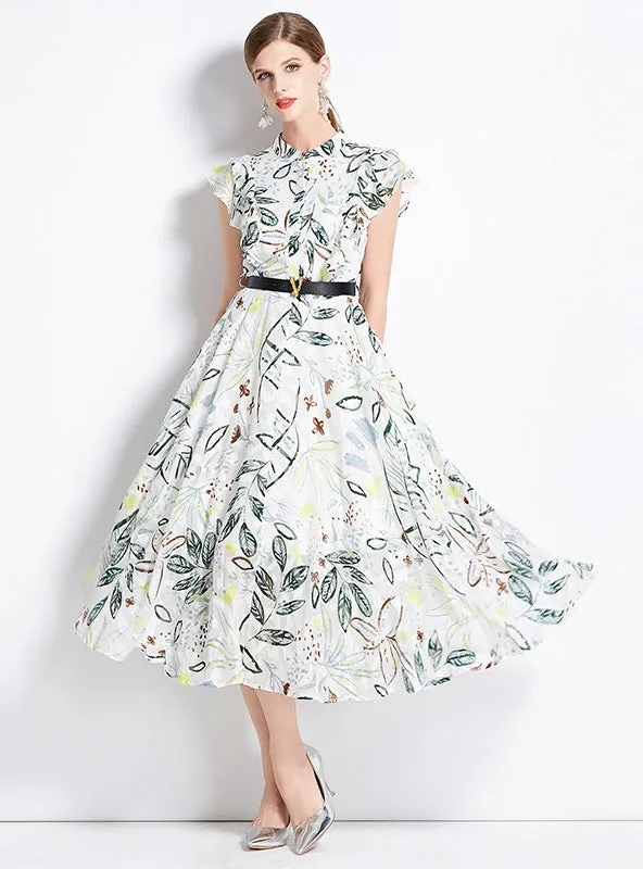 Green Printed Dress With Belt