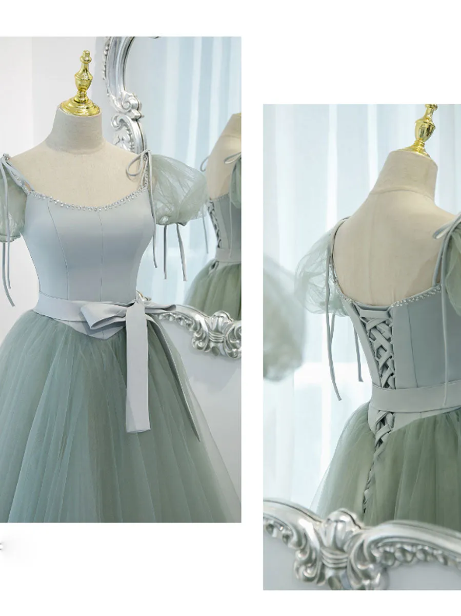 Green Round Neck Tulle Long Prom Dress, Green Evening Dress