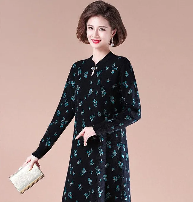 Key Hole Neck Long Sleeve Knee Length A-line Floral Knit Dress