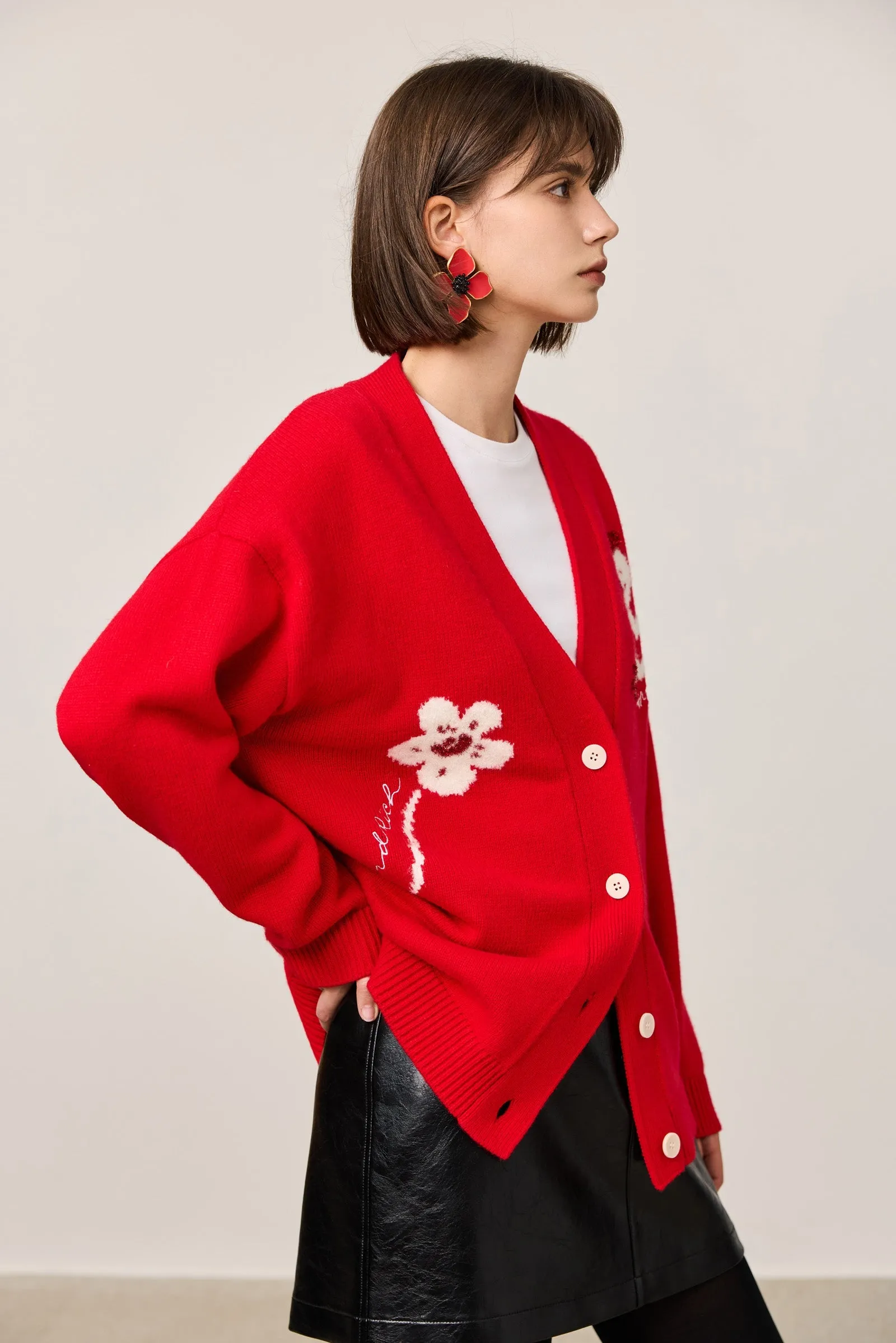 LILY New Year Snake Zodiac Red V-Neck Cardigan