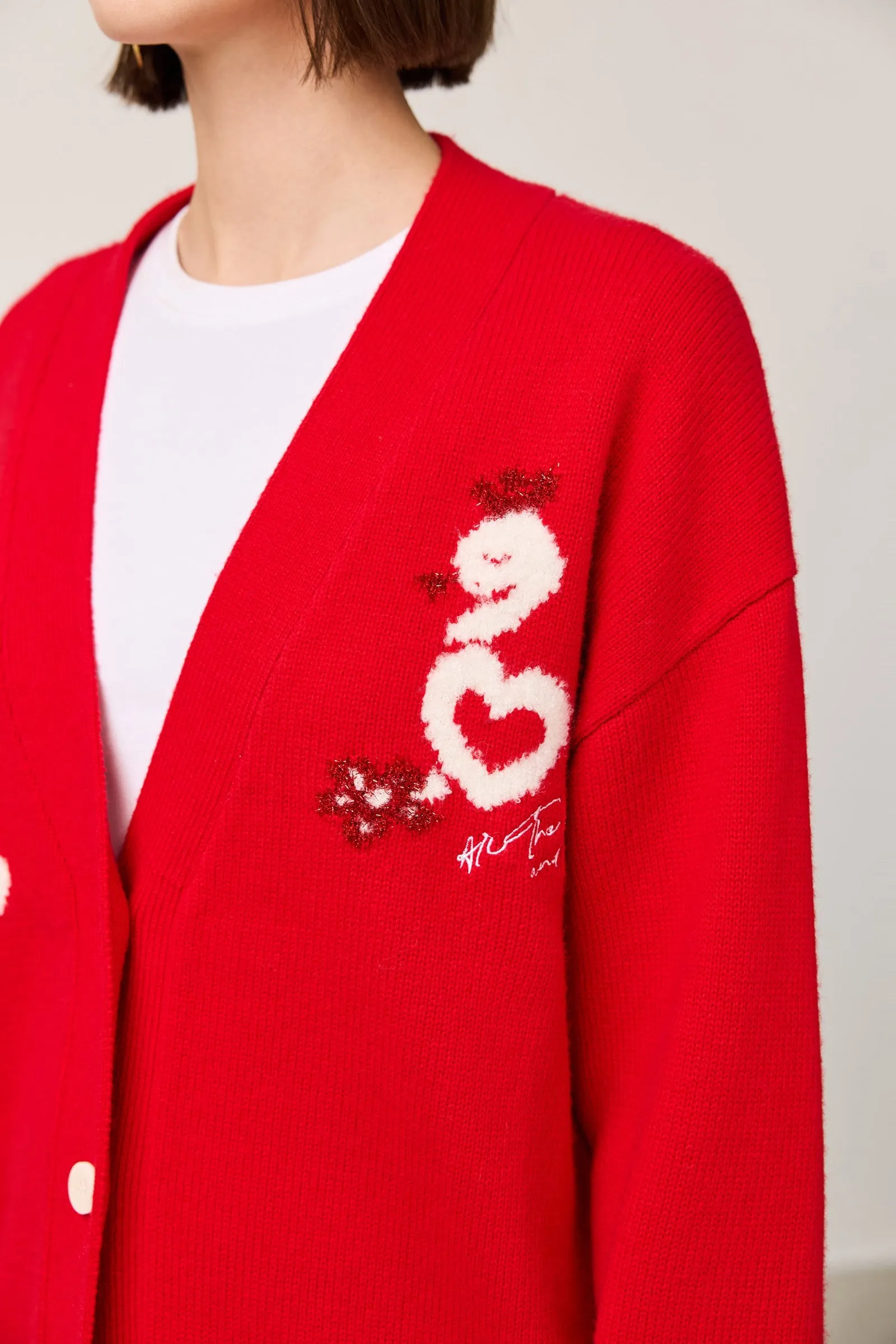 LILY New Year Snake Zodiac Red V-Neck Cardigan