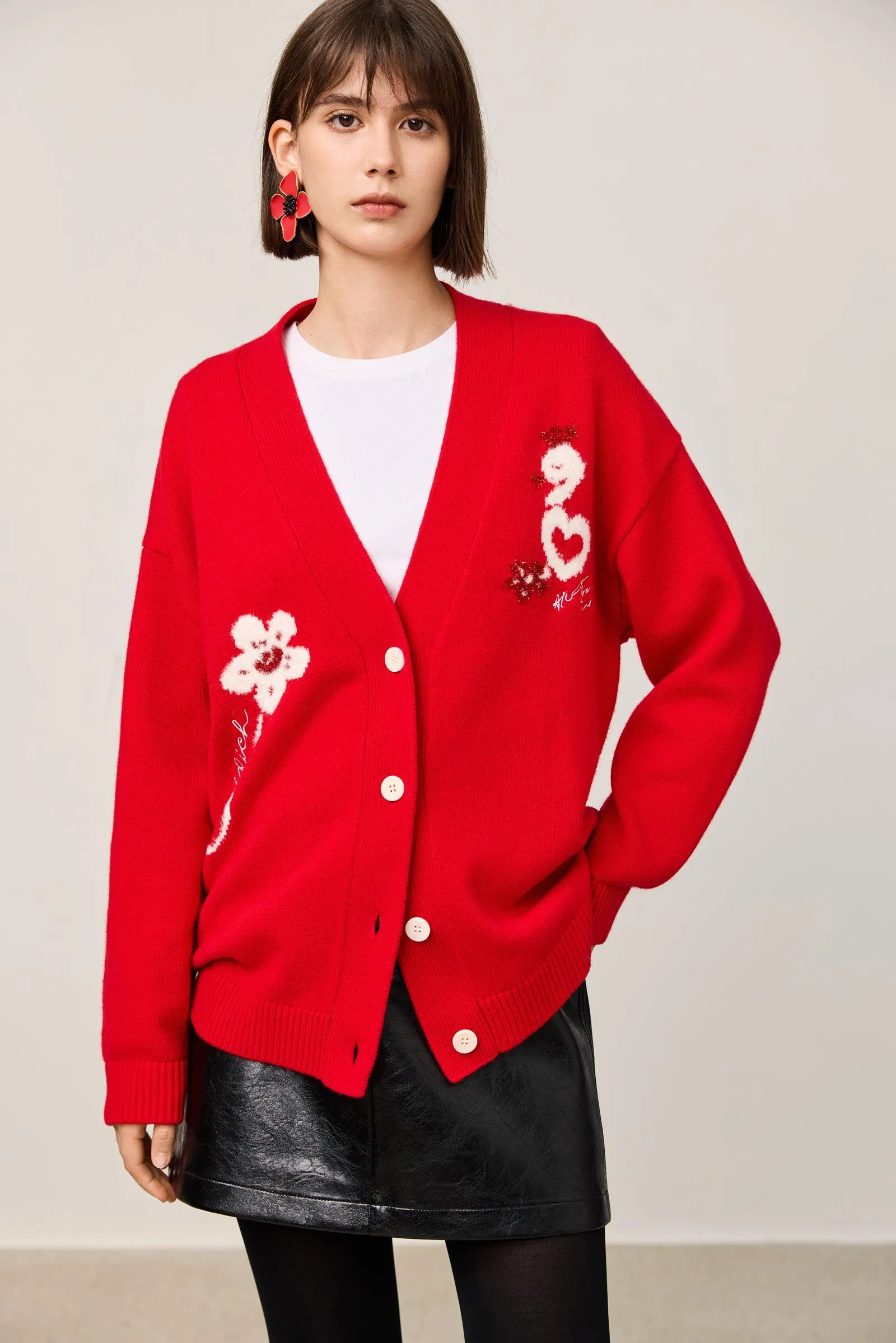 LILY New Year Snake Zodiac Red V-Neck Cardigan