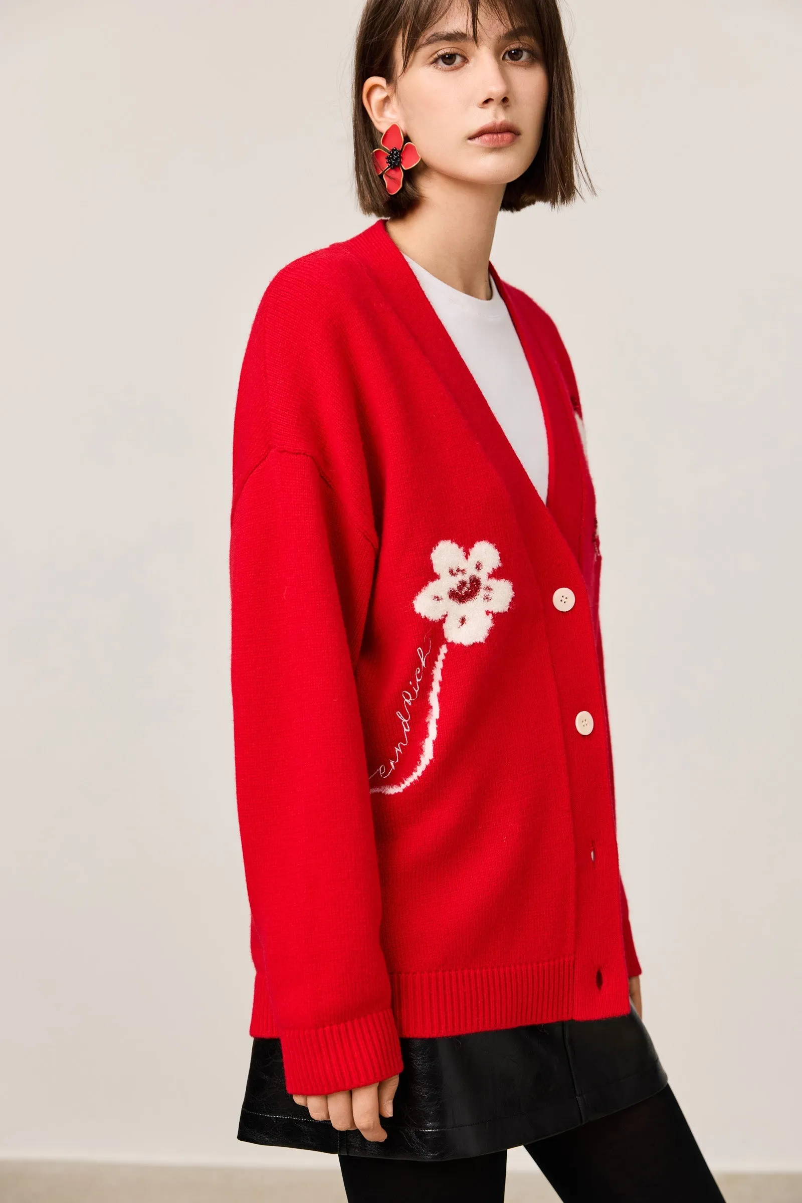 LILY New Year Snake Zodiac Red V-Neck Cardigan