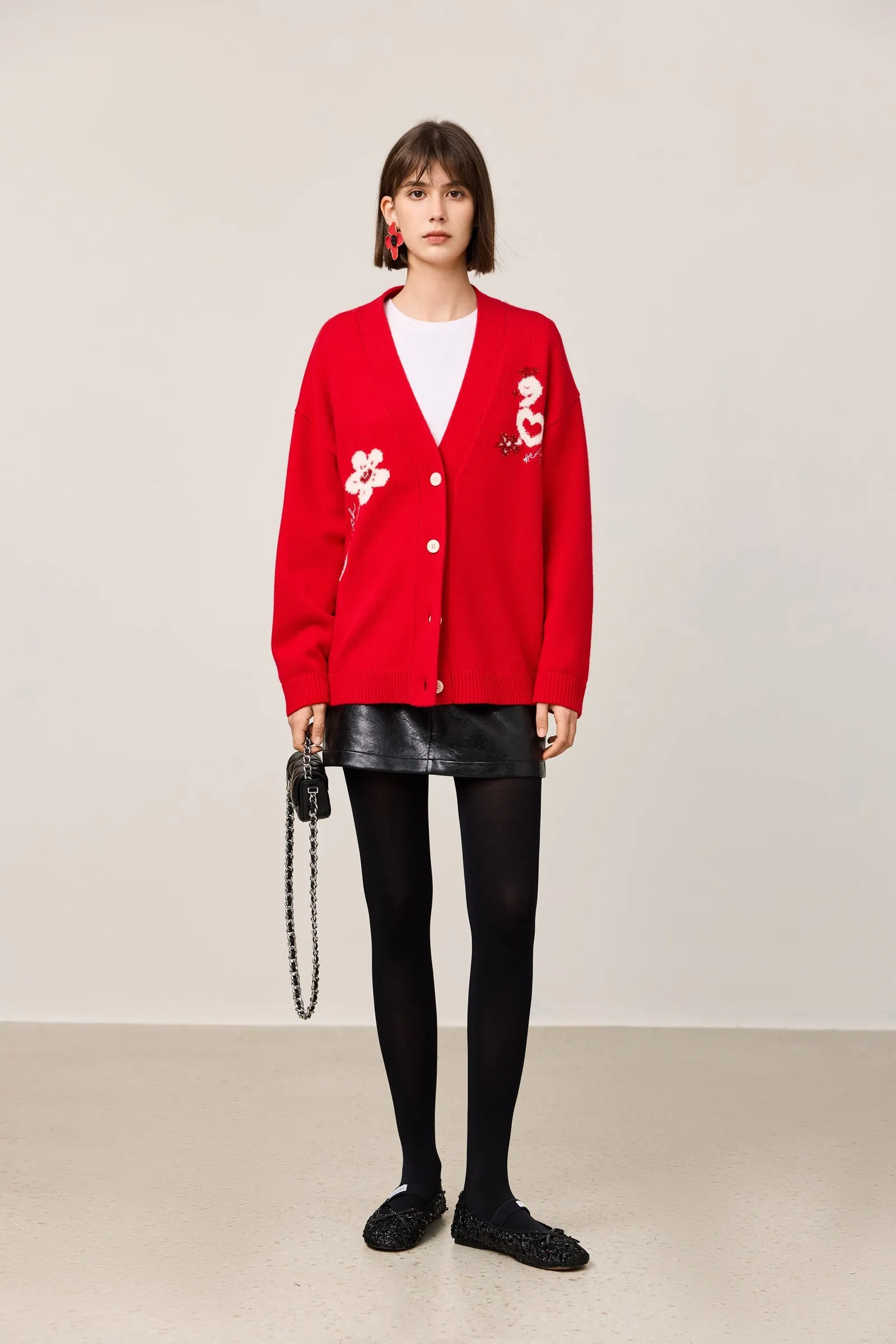 LILY New Year Snake Zodiac Red V-Neck Cardigan
