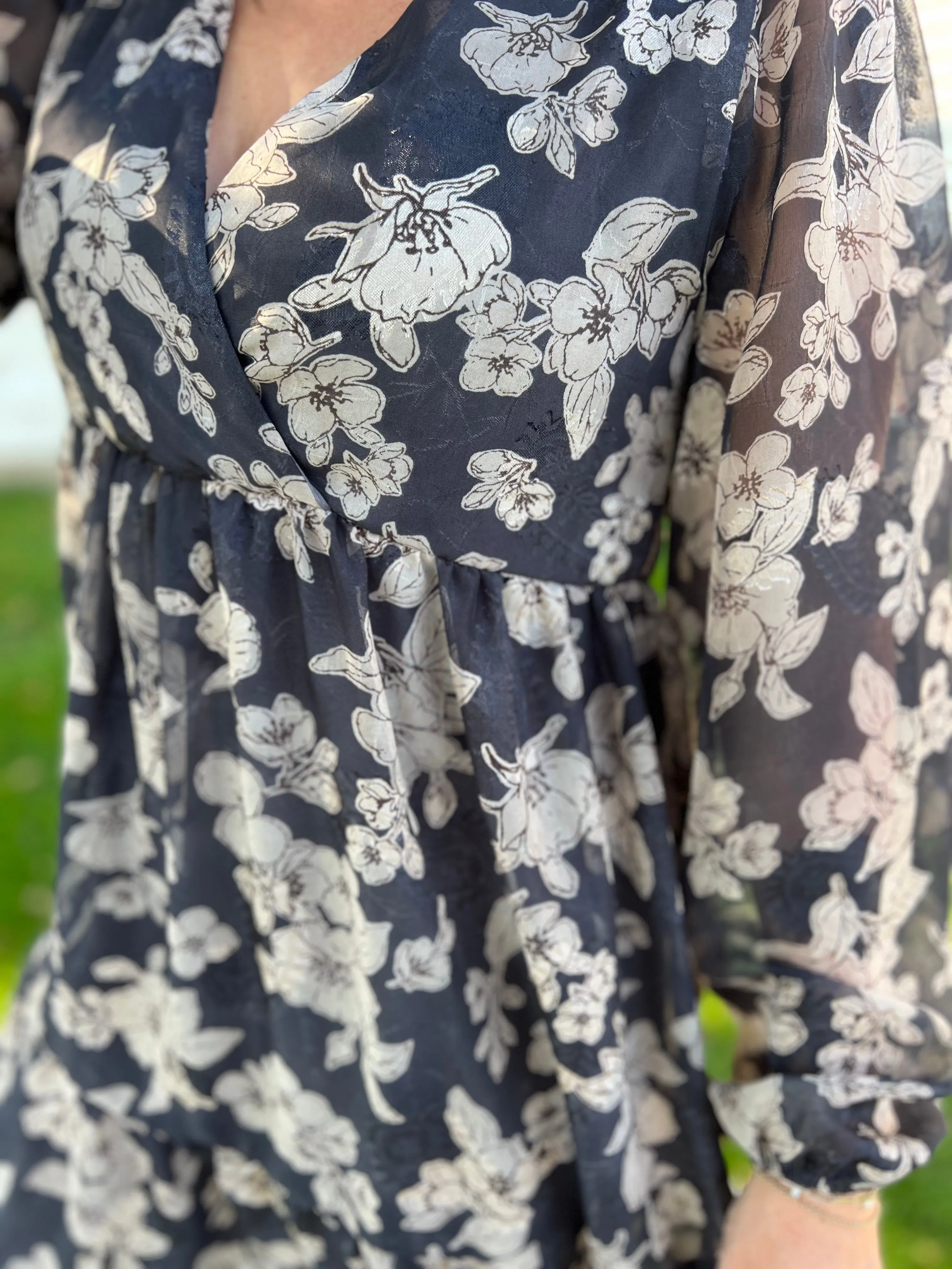 Long Sleeve Surplice Neck Shirring Floral Print Mini Dress