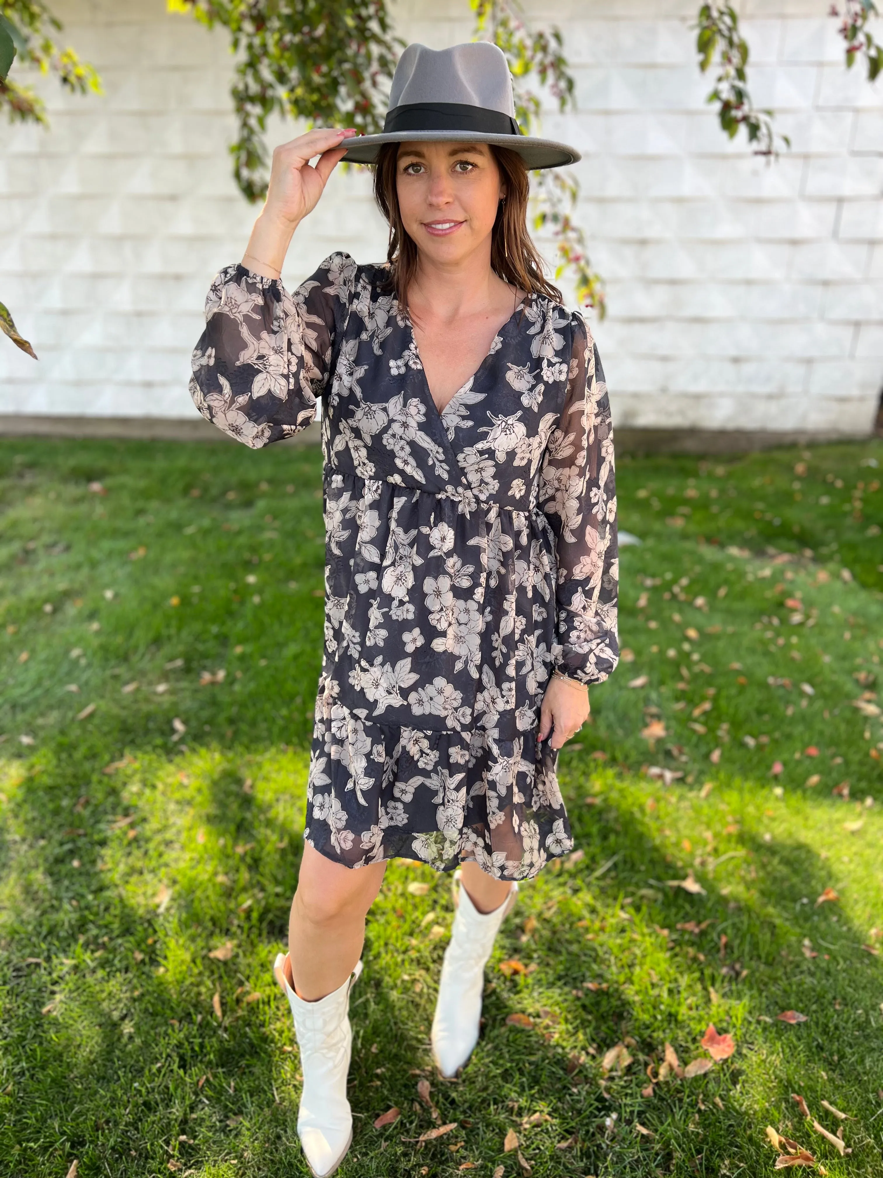 Long Sleeve Surplice Neck Shirring Floral Print Mini Dress