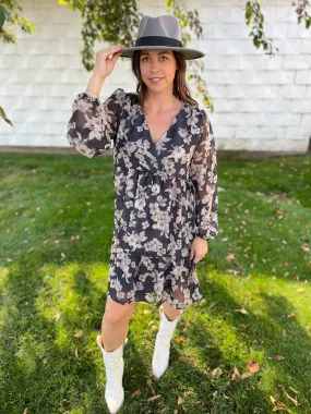 Long Sleeve Surplice Neck Shirring Floral Print Mini Dress