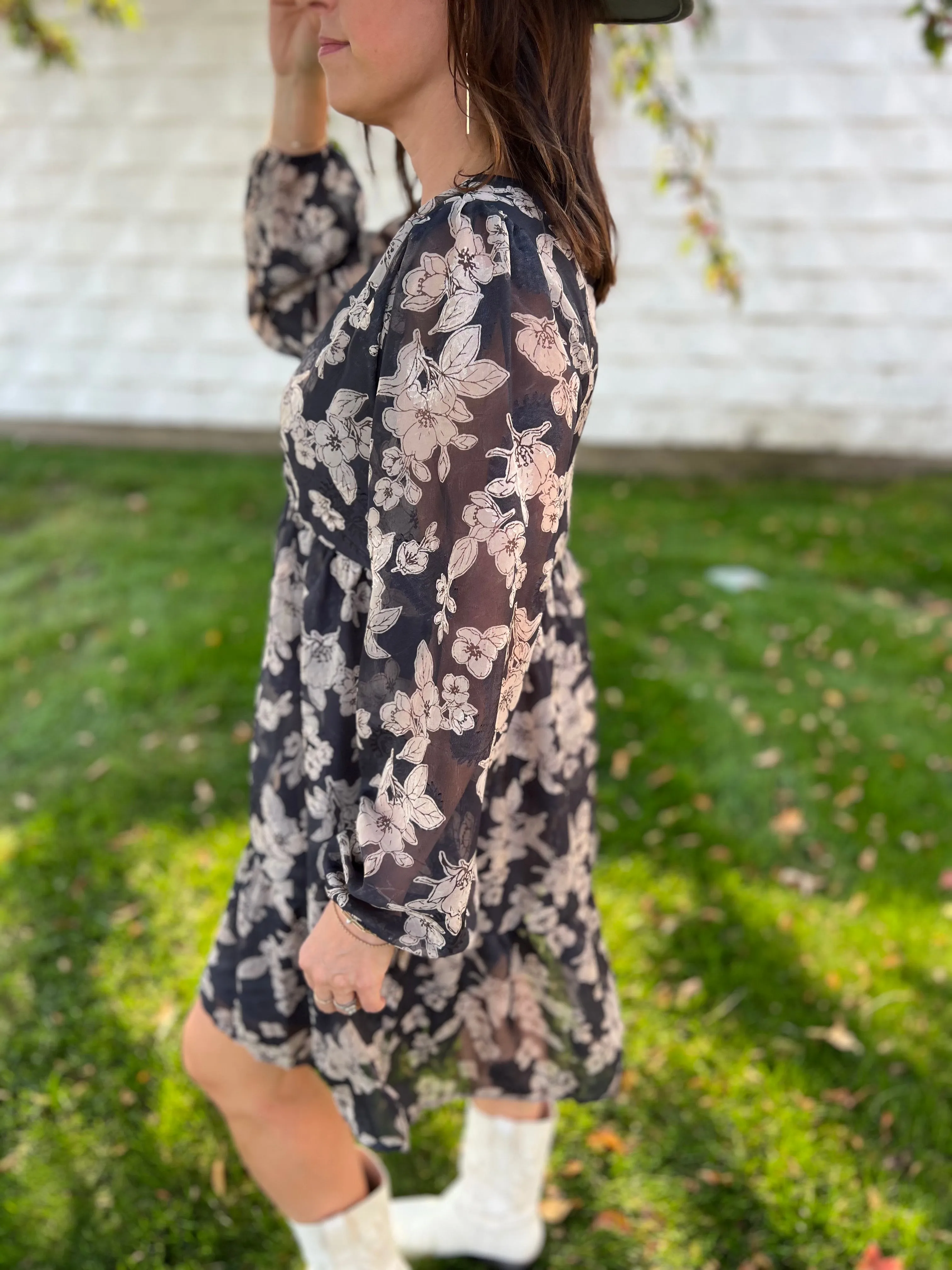 Long Sleeve Surplice Neck Shirring Floral Print Mini Dress