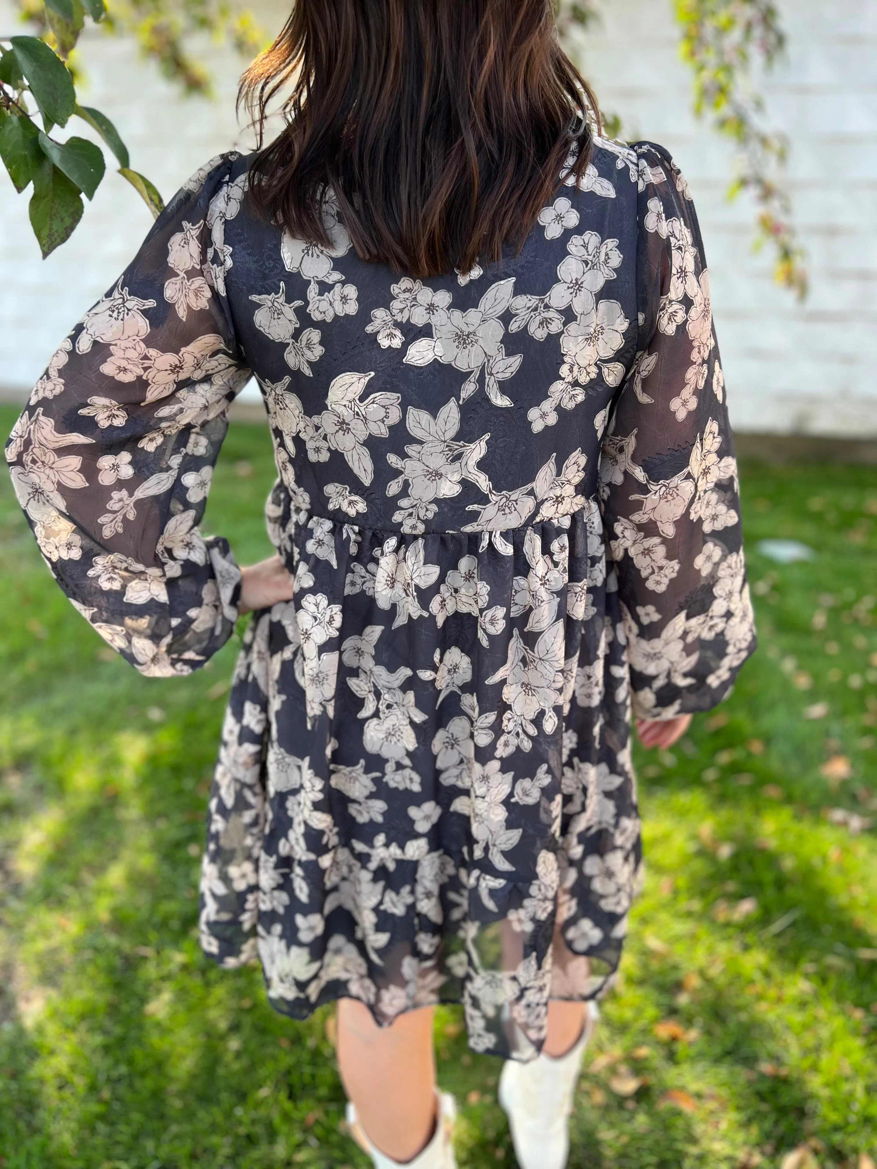 Long Sleeve Surplice Neck Shirring Floral Print Mini Dress