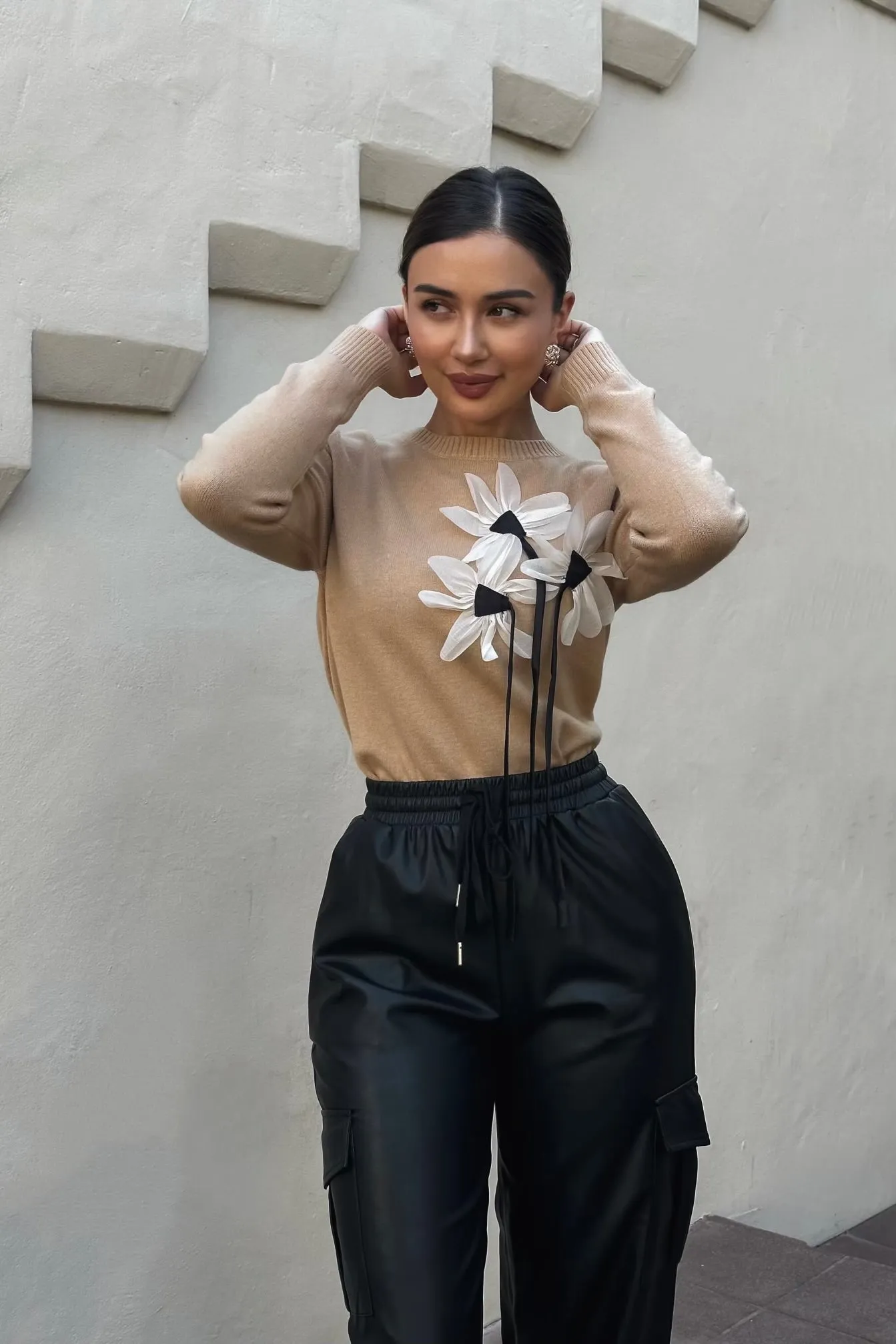Madeline Knit Flower Sweater - Nude